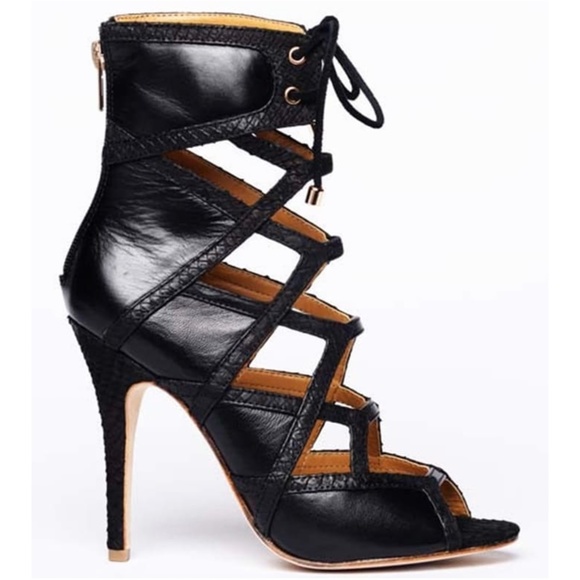 Black laced Alejandra G Wanda Black Leather Snake Stiletto Heel Sandals Pumps 37 - Picture 4 of 13